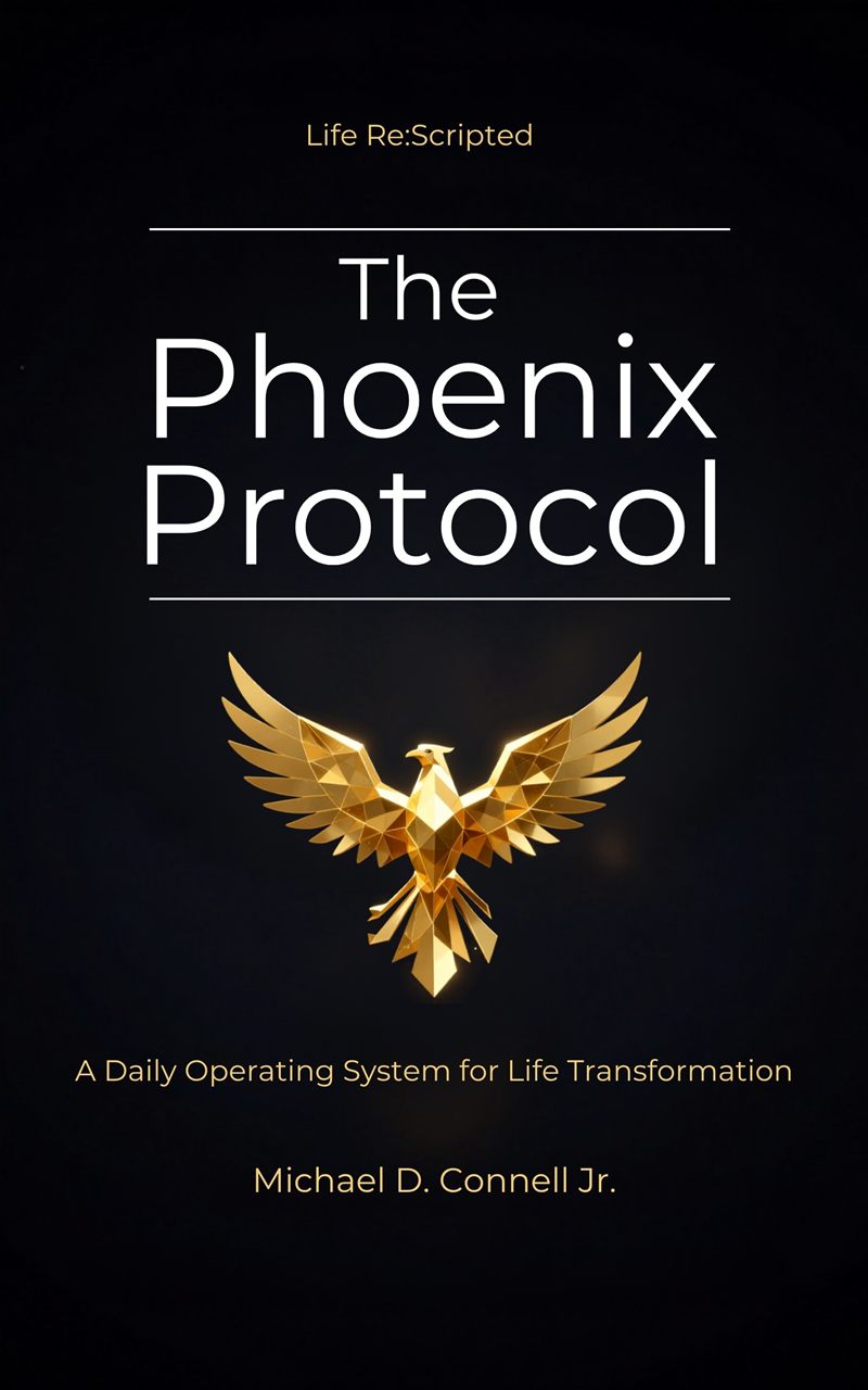 The Phoenix Protocol book cover — gold geometric phoenix on black